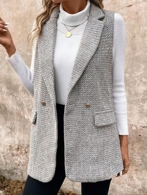 New Herringbone Gray Long Sleeveless Vest with Gold Buttons